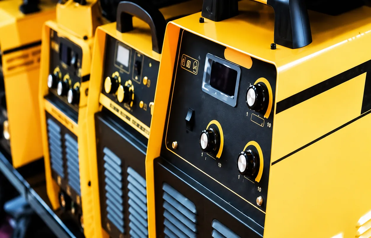 Industrial welding machines on a rack